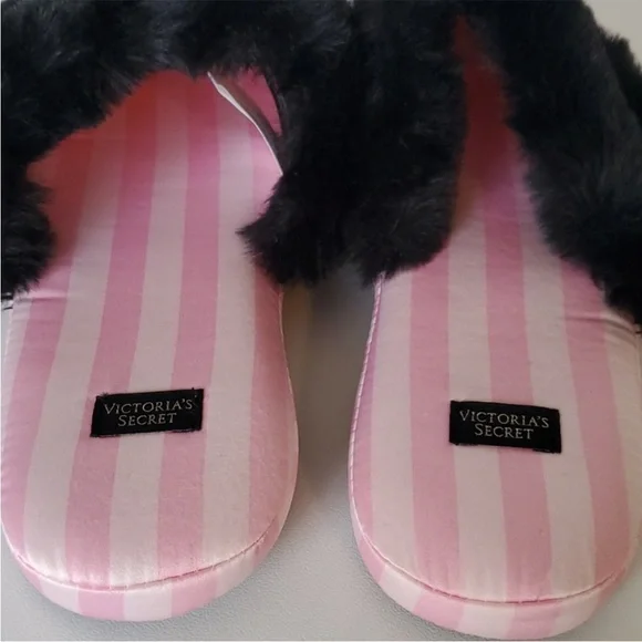 Victoria's Secret Slippers Pink Stripe Black Fur Size 7-8 - Picture 7 of 8